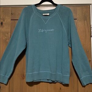 EUC Life is Good Cotton Sweater Womens L Crew neck blue embroidered Beach